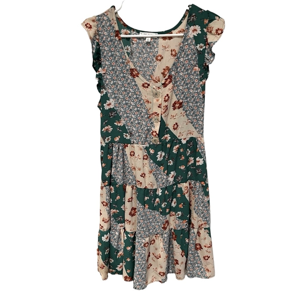 Blu Pepper Dress Floral Colorblock Green Blue Beige Rust Large (runs small)